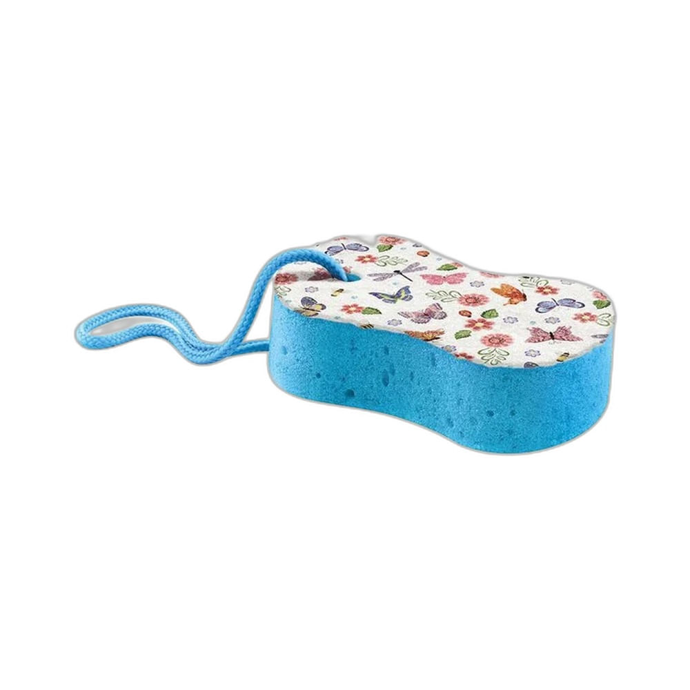 Esponja de Banho Condor com Cordão azul vista de lado com estampa colorida de borboletas e flores